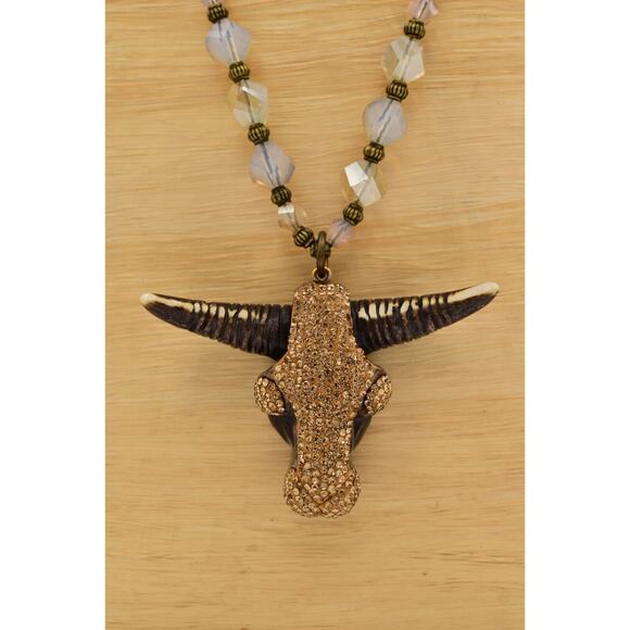 Vintage Crystal Bull Horn Necklace Pendant Iridescent Glass Beaded Chunky Bin6B - Picture 1 of 11